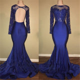 Chic Open Back Royal Blue Real Model Prom Dresses Lace Long Sleeves Mermaid Evening Gown-showprettydress