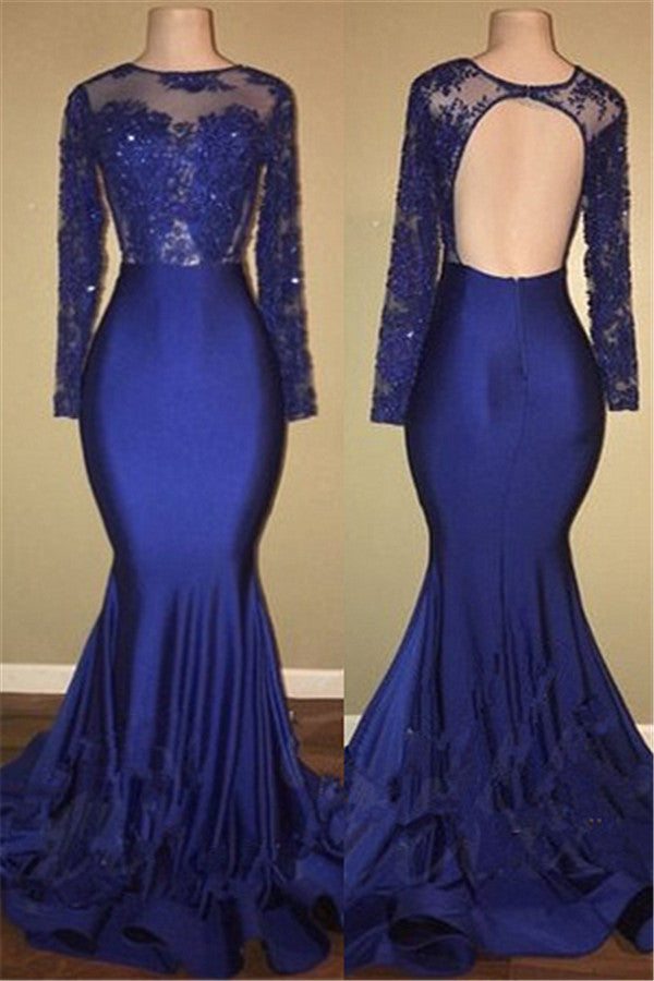 Chic Open Back Royal Blue Real Model Prom Dresses Lace Long Sleeves Mermaid Evening Gown-showprettydress