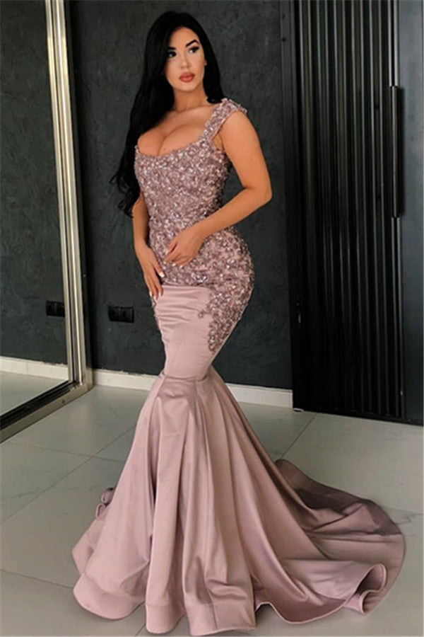 Chic Pink Mermaid Evening Dress Straps Appliques Long Formal Dresses-showprettydress