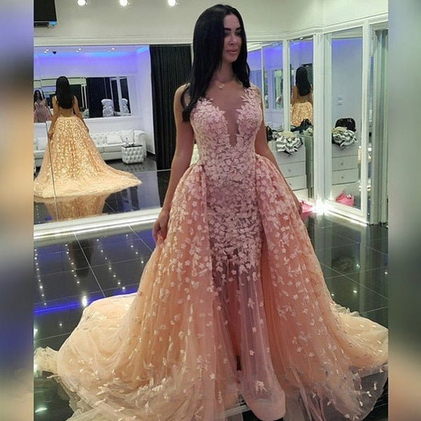 Chic Pink Mermaid Puffy Formal Dresses |Detachable Train Dubai Arabic Evening Dresses-showprettydress