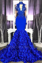 Chic Royal Blue Keyhole Flowers Train High neck Mermaid Prom Party Gowns-showprettydress