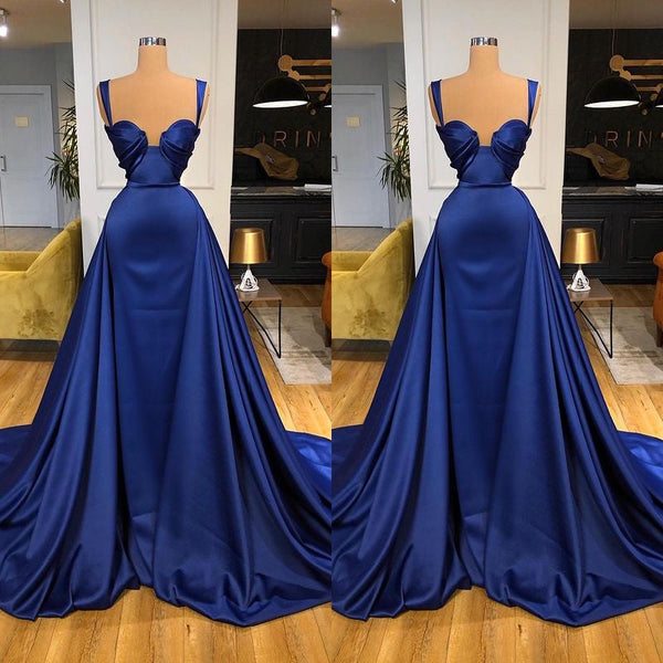 Chic Royal Blue Long Mermaid Straps Sweetheart Prom Dress Overskirt With Detachable Train-showprettydress