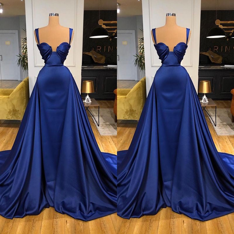 Chic Royal Blue Long Mermaid Straps Sweetheart Prom Dress Overskirt With Detachable Train-showprettydress