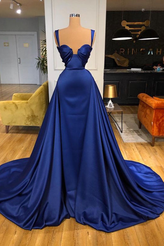 Chic Royal Blue Long Mermaid Straps Sweetheart Prom Dress Overskirt With Detachable Train-showprettydress