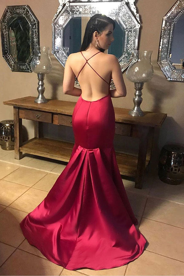 Chic Ruby Spaghetti Strap Criss-cross Open Back Column Prom Party Gowns-showprettydress