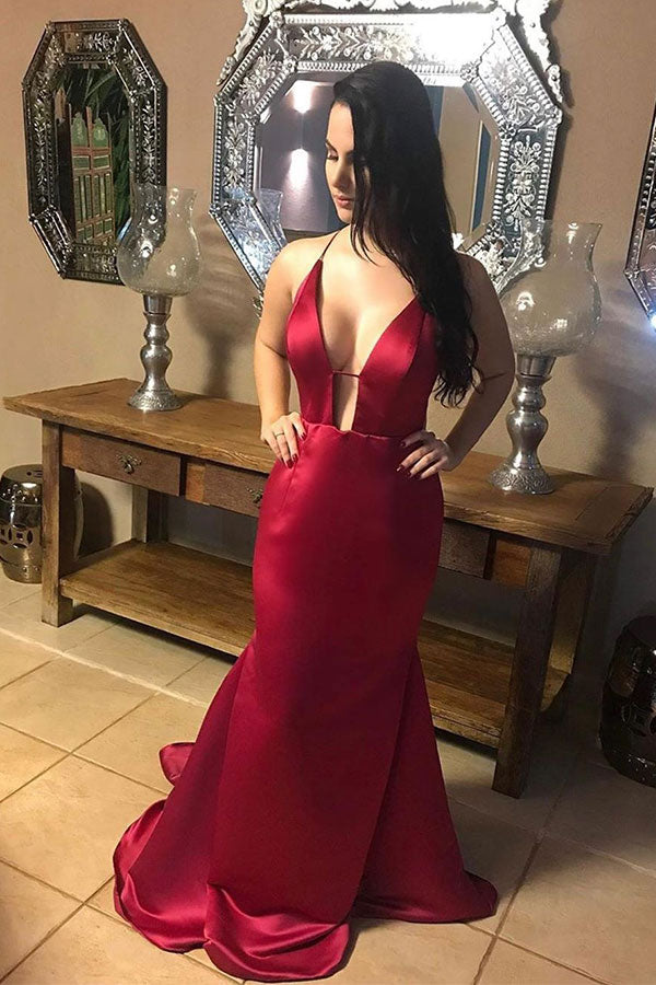 Chic Ruby Spaghetti Strap Criss-cross Open Back Column Prom Party Gowns-showprettydress