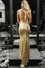 Chic Sequined Mermaid Sleeveless Prom Party Gowns| Gold Prom Party Gowns-showprettydress