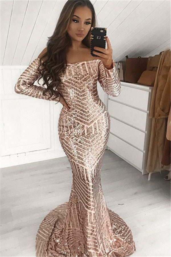 Chic Sequins Off-The-Shoulder Long-Sleeves Mermaid Prom Dresses-showprettydress