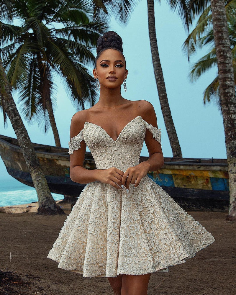 Chic Short A-line Off-the-shoulder Lace Wedding Dress-showprettydress