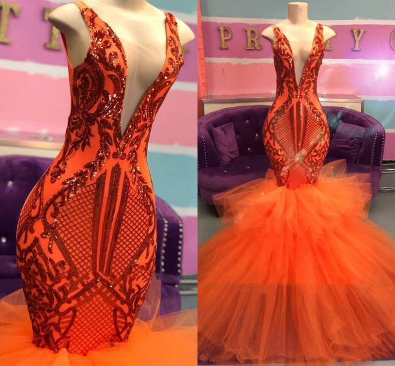 Chic Sleeveless Deep V-neck Tulle Puffy Train Orange Prom Party Gowns-showprettydress