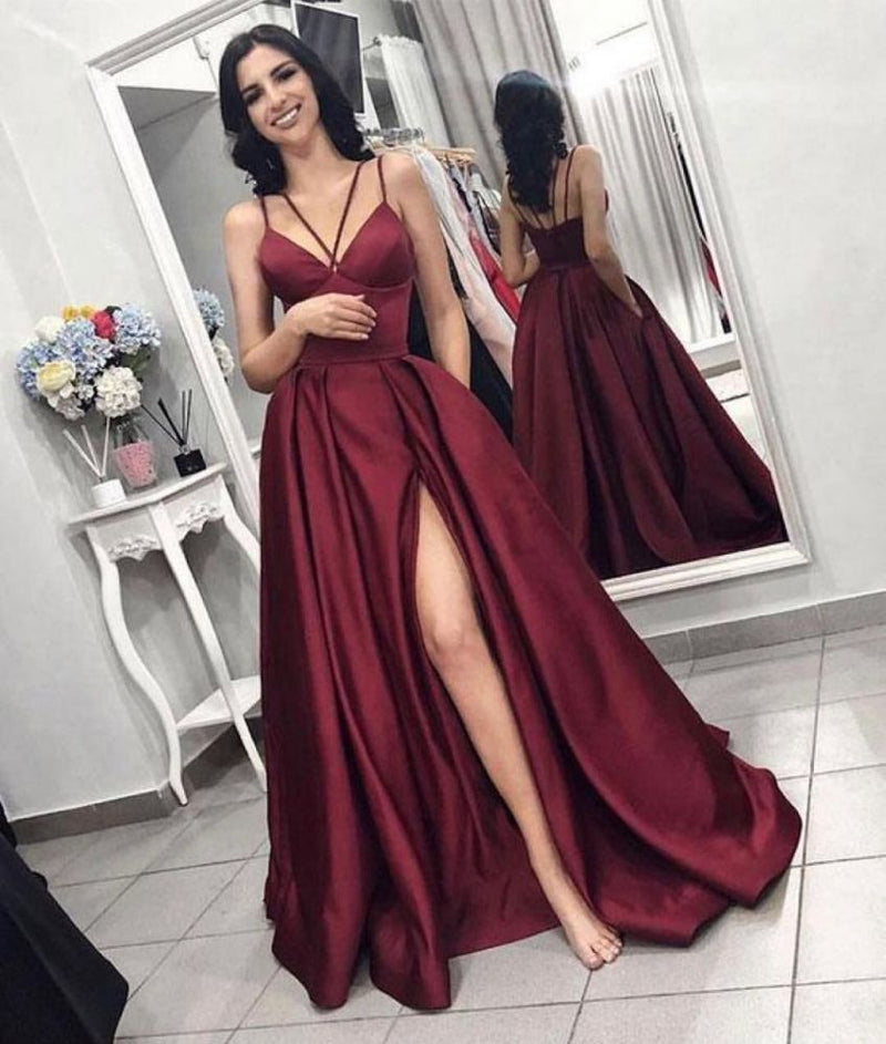 Chic Sleeveless Front Split Prom Gown Burgundy Spaghetti-Straps A-Line Evening Dress-showprettydress