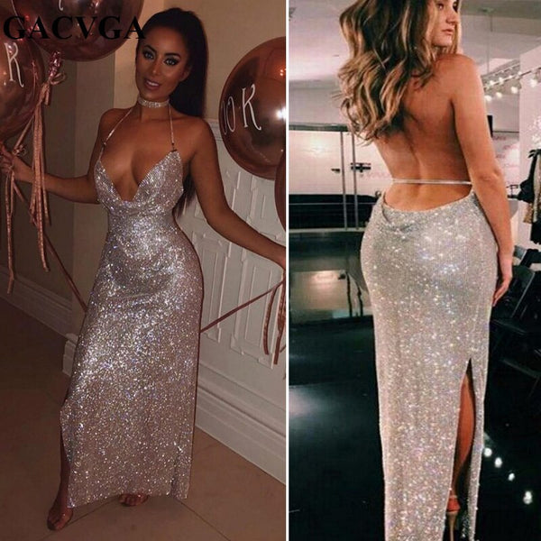 Chic Slit Backless Sparkle Evening Dresses Silver Sequins Halter V-neck Open Back Formal Dress-showprettydress