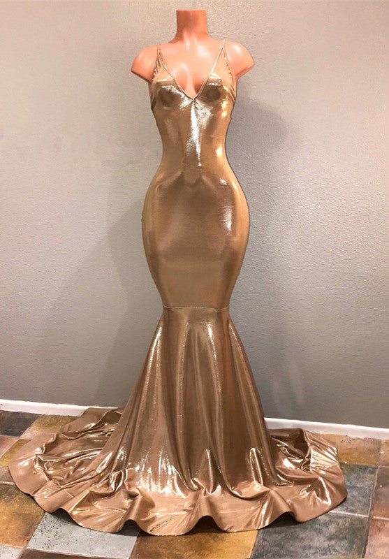 Chic Spaghetti Strap Gold Prom Dress, Sleeveless Prom Party Gowns-showprettydress