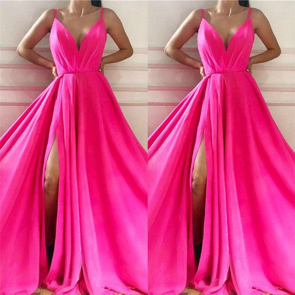 Chic Spaghetti Straps Sleeveless Long Prom Party Gowns| Affordable V-neck Front Slit Long Pink Prom Party Gowns-showprettydress