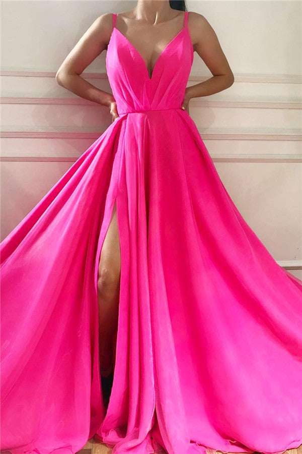 Chic Spaghetti Straps Sleeveless Long Prom Party Gowns| Affordable V-neck Front Slit Long Pink Prom Party Gowns-showprettydress