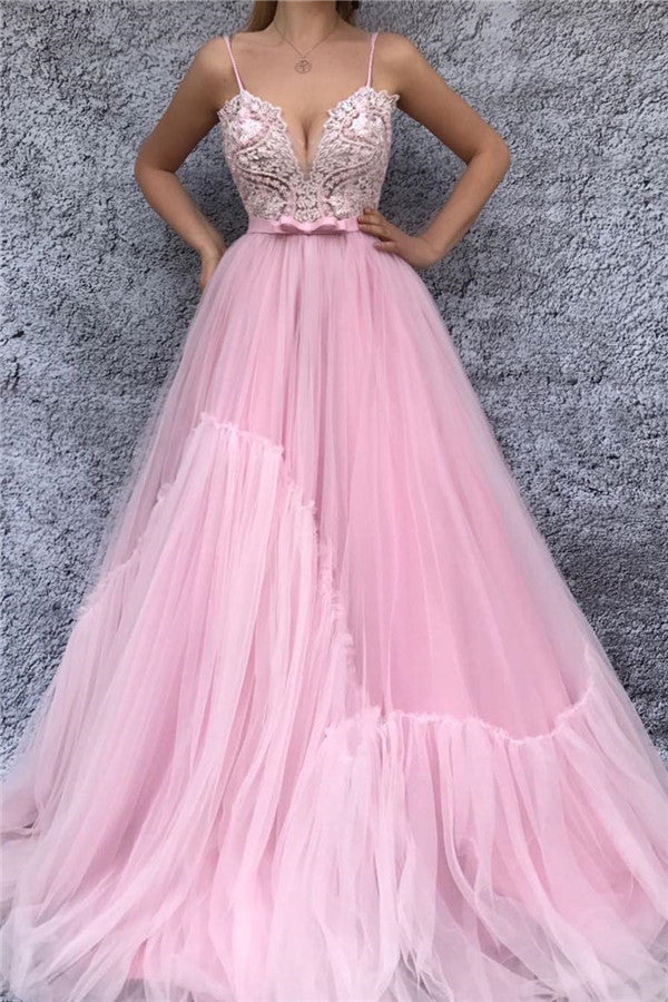 Chic Spaghetti Straps V-neck Pink Prom Party Gowns| Chic Lace Bodice Long Prom Party Gowns with Sash-showprettydress