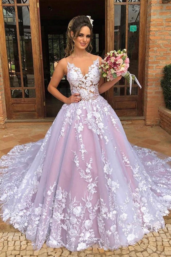 Chic Spaghetti Straps V-neck See Through Bodice Prom Party Gowns| Chic Tulle Lace Appliques Long Pink Prom Gown-showprettydress