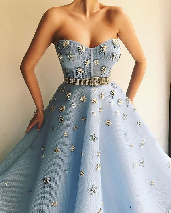 Chic Strapless Sweetheart Beading Flowers Prom Party Gowns| Chic Blue Tulle Long Prom Party Gowns with Beadning Sash-showprettydress