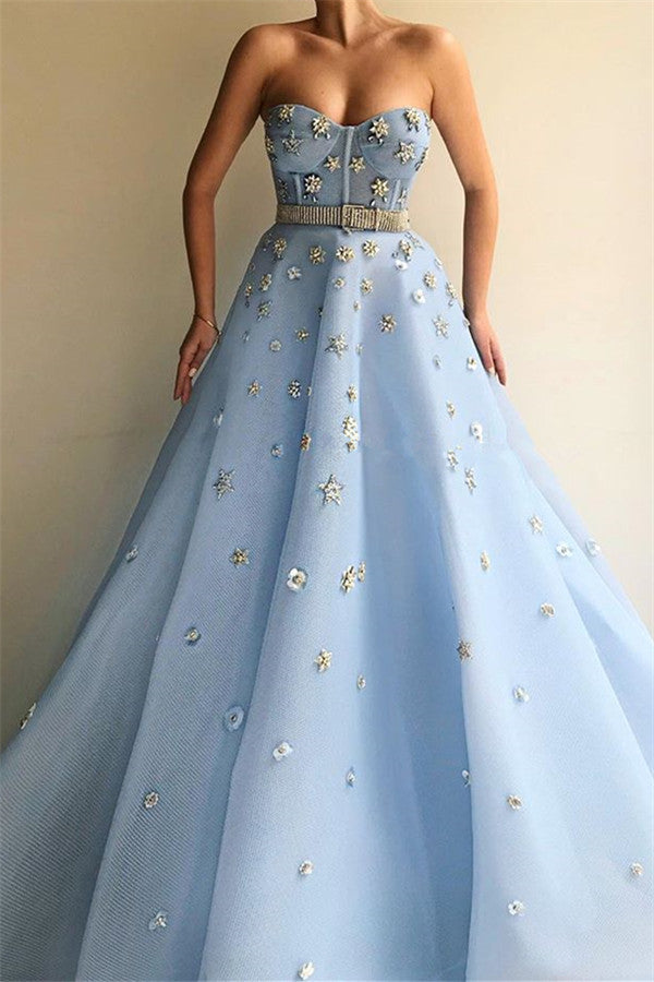 Chic Strapless Sweetheart Beading Flowers Prom Party Gowns| Chic Blue Tulle Long Prom Party Gowns with Beadning Sash-showprettydress