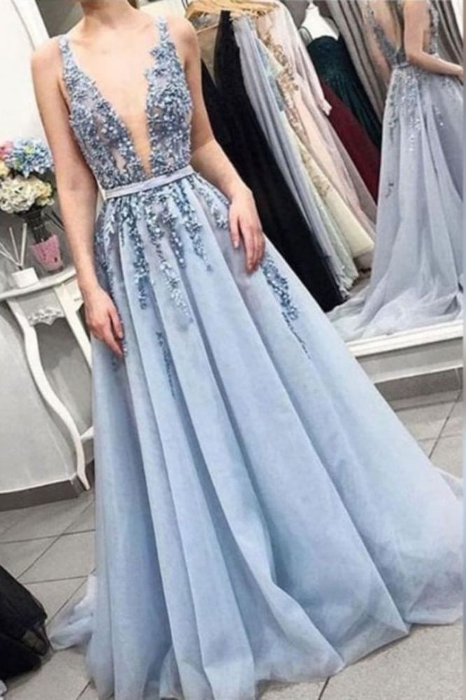 Chic Straps Deep V-neck Long Prom Party Gowns| Exquisite Lace Beading Blue Prom Gown-showprettydress