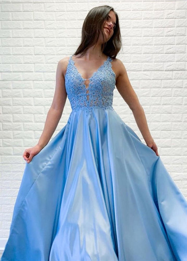 Chic Straps Lace Beading Prom Party Gowns| Chic Deep V-neck Long Prom Gown-showprettydress