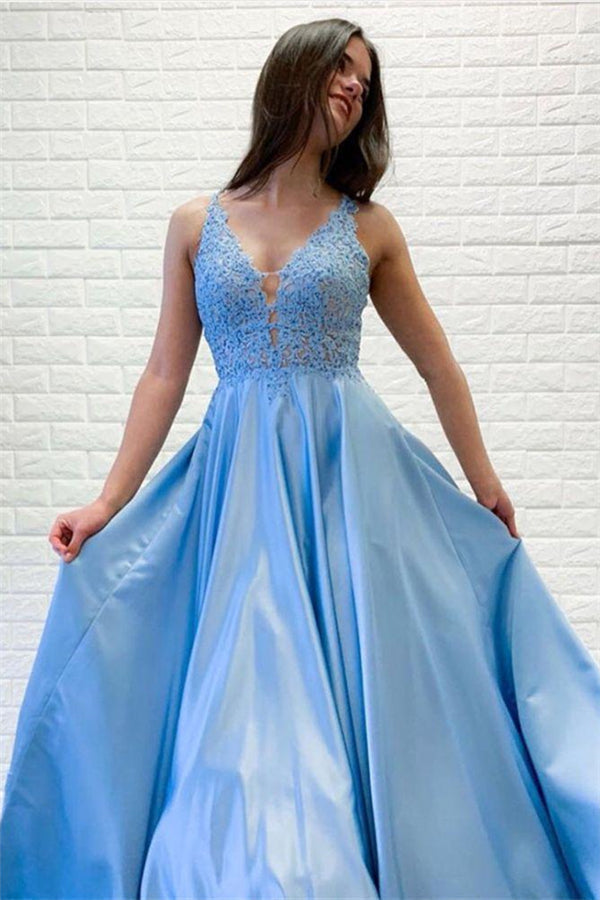 Chic Straps Lace Beading Prom Party Gowns| Chic Deep V-neck Long Prom Gown-showprettydress