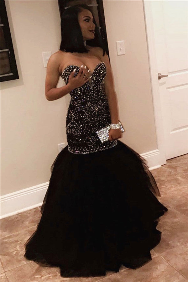 Chic Sweetheart Beads Prom Dresses Mermaid Black Sequins Evening Gown-showprettydress