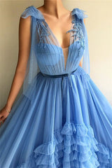 Chic Tulle Deep V-neck Blue Prom Party Gowns| Sleeveless Layers Long Prom Party Gowns with Sash-showprettydress