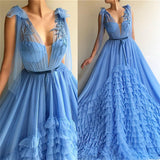 Chic Tulle Deep V-neck Blue Prom Party Gowns| Sleeveless Layers Long Prom Party Gowns with Sash-showprettydress