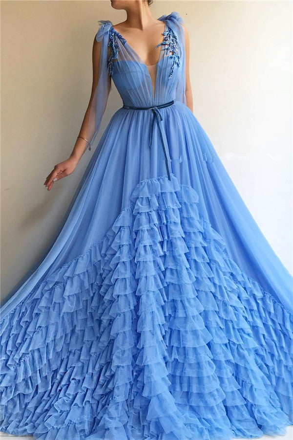 Chic Tulle Deep V-neck Blue Prom Party Gowns| Sleeveless Layers Long Prom Party Gowns with Sash-showprettydress