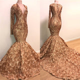 Chic V-neck Elegant Long Sleeves Gold Sparkle Appliques Prom Party Gowns-showprettydress