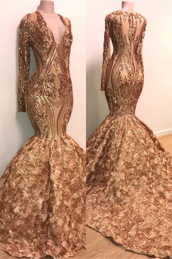 Chic V-neck Elegant Long Sleeves Gold Sparkle Appliques Prom Party Gowns-showprettydress