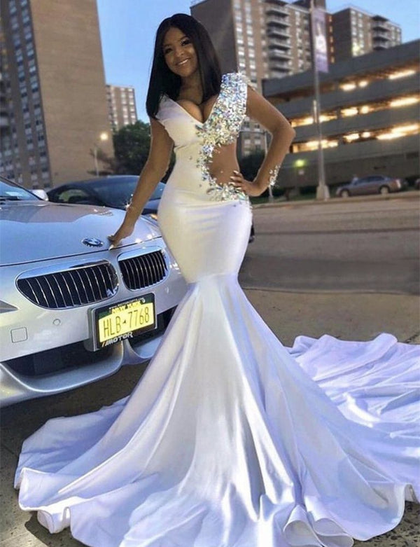 Chic V-Neck Lace Rhinestones Sweep Train Mermaid Prom Dresses-showprettydress