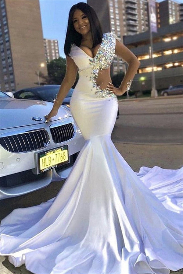 Chic V-Neck Lace Rhinestones Sweep Train Mermaid Prom Dresses-showprettydress