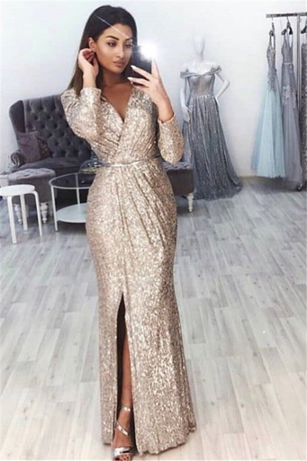 Chic V-Neck Long Sleevess Front Slipt Mermaid Prom Party Gowns-showprettydress