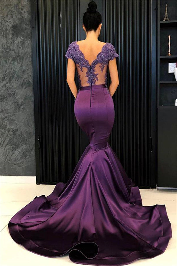 Chic V-Neck Short Sleeves Evening Dresses Mermaid Beadings Long Formal Dresses-showprettydress