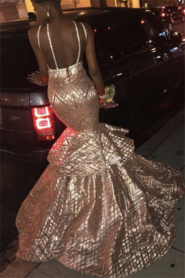 Chic V-neck Spaghetti Mermaid Sequins Pattern Long Prom Dresses-showprettydress