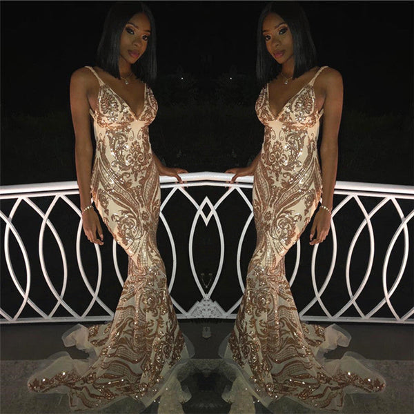 Chic V-Neck Spaghetti Straps Sleeveless Gold Appliques Mermaid Prom Dresses-showprettydress