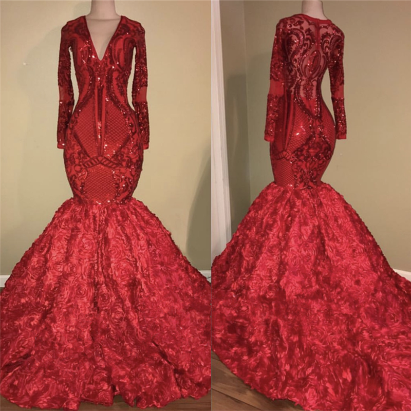 Chic V-neck Sparkle Appliques Fit and Flare Floral Prom Party Gowns| Elegant Long Sleeves Luxurious Scarlet Dress for Prom-showprettydress