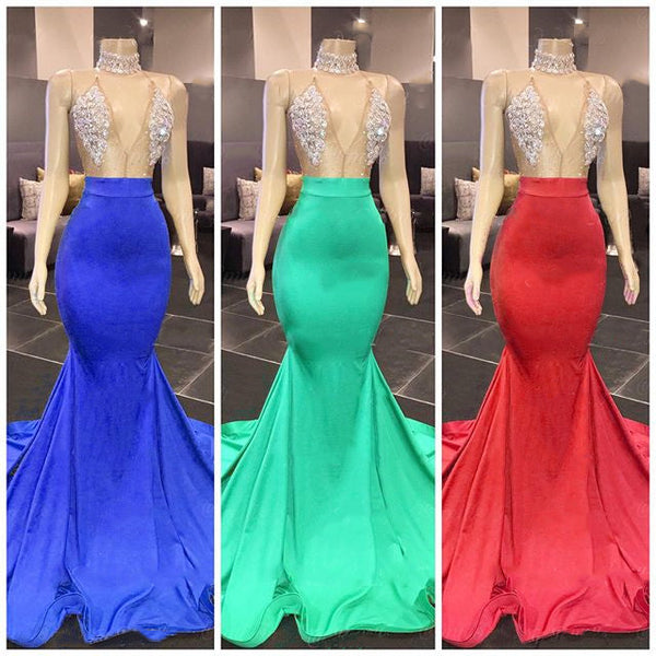 Chic Yellow Sleeveless Crystals Sheer Tulle Prom Dresses New Arrival Mermaid Formal Evening Gowns-showprettydress