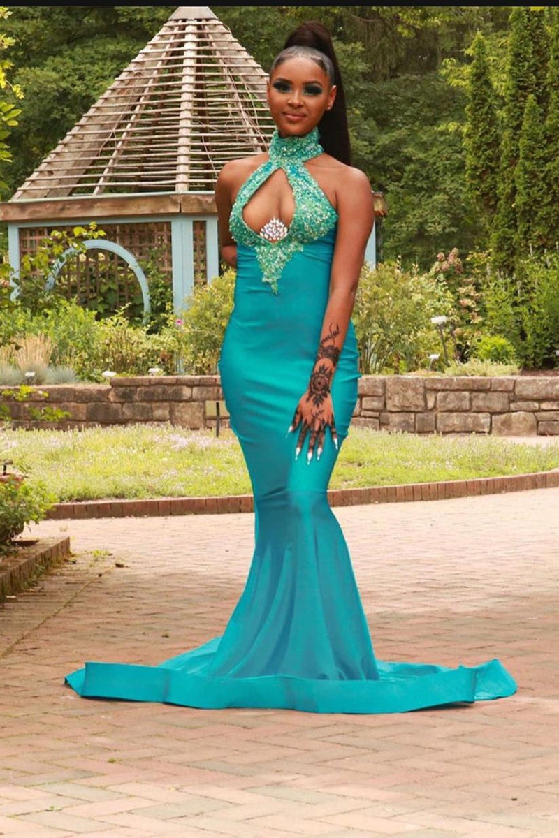 Chiffon Halter Sexy Green Mermaid Prom Dress Beaded Long Backless-showprettydress