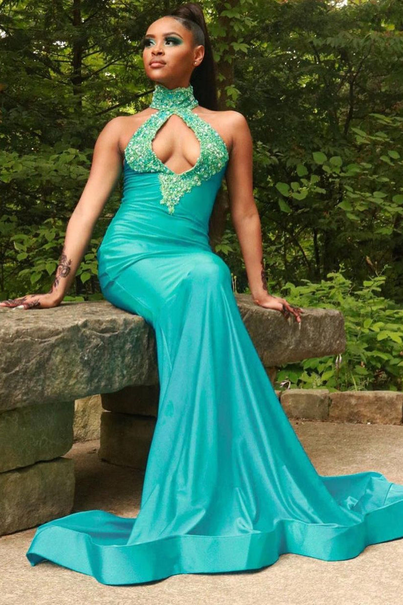 Chiffon Halter Sexy Green Mermaid Prom Dress Beaded Long Backless-showprettydress