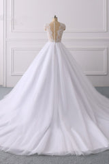 Classic Cap sleeves V neck White Ball Gown Lace Wedding Dress-showprettydress