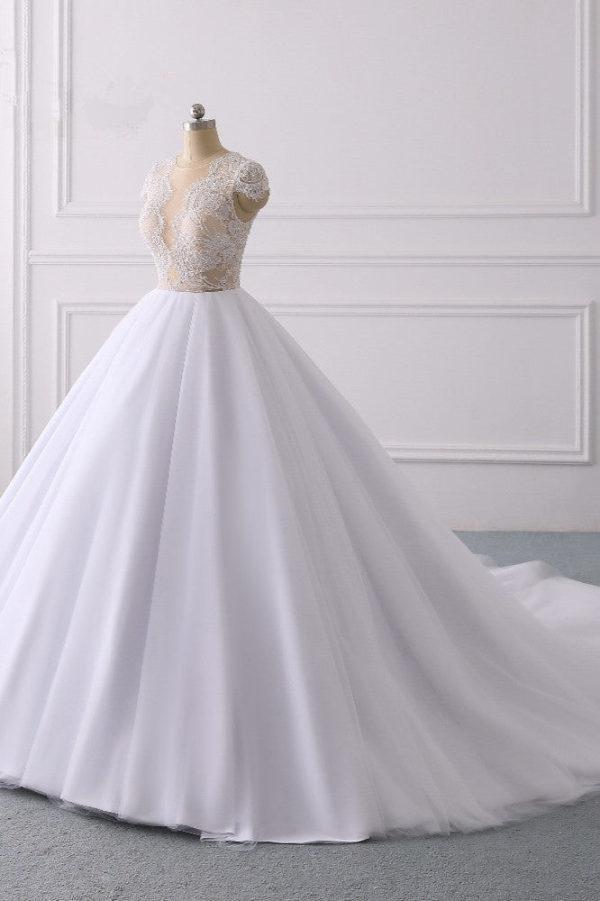 Classic Cap sleeves V neck White Ball Gown Lace Wedding Dress-showprettydress