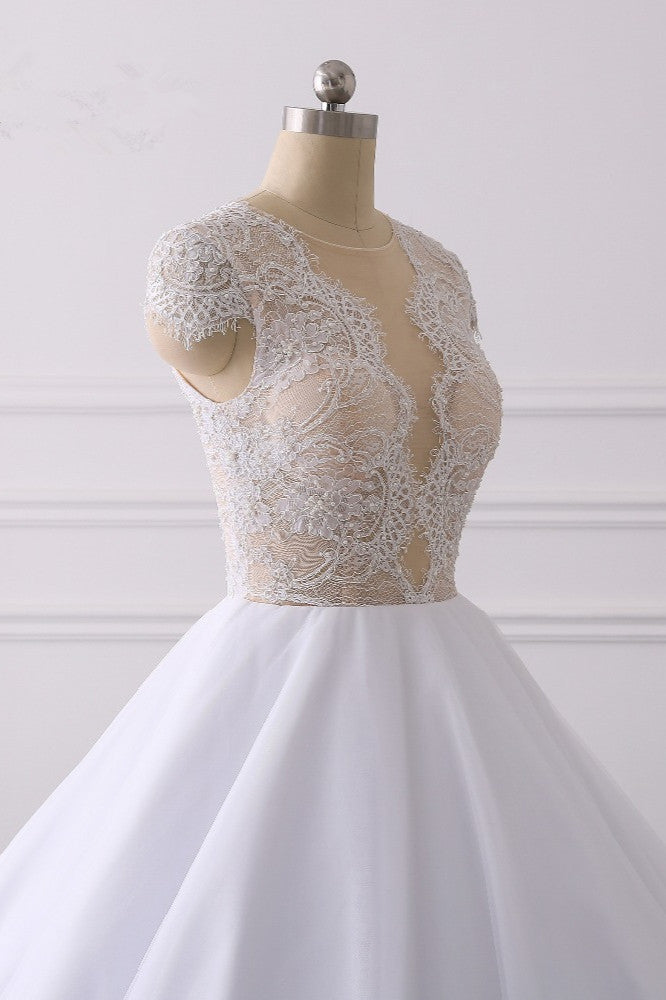 Classic Cap sleeves V neck White Ball Gown Lace Wedding Dress-showprettydress