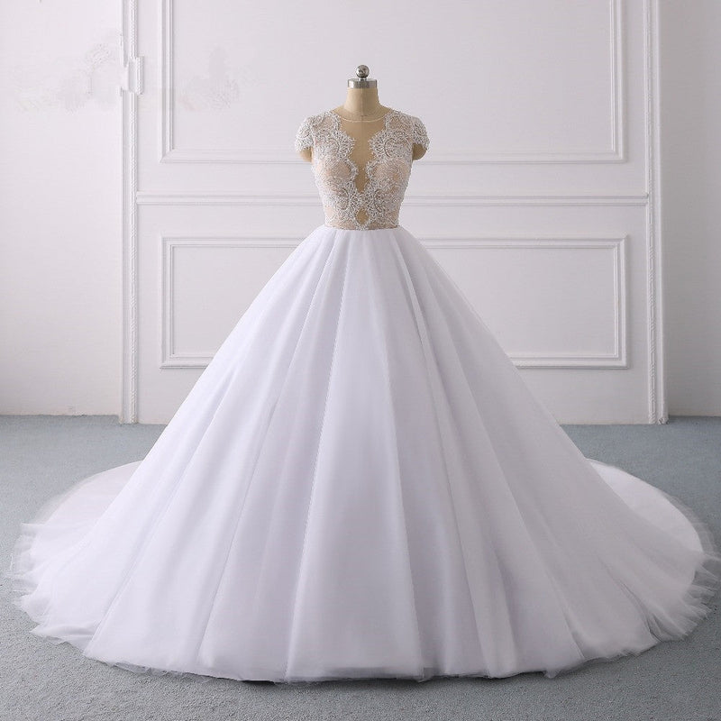 Classic Cap sleeves V neck White Ball Gown Lace Wedding Dress-showprettydress