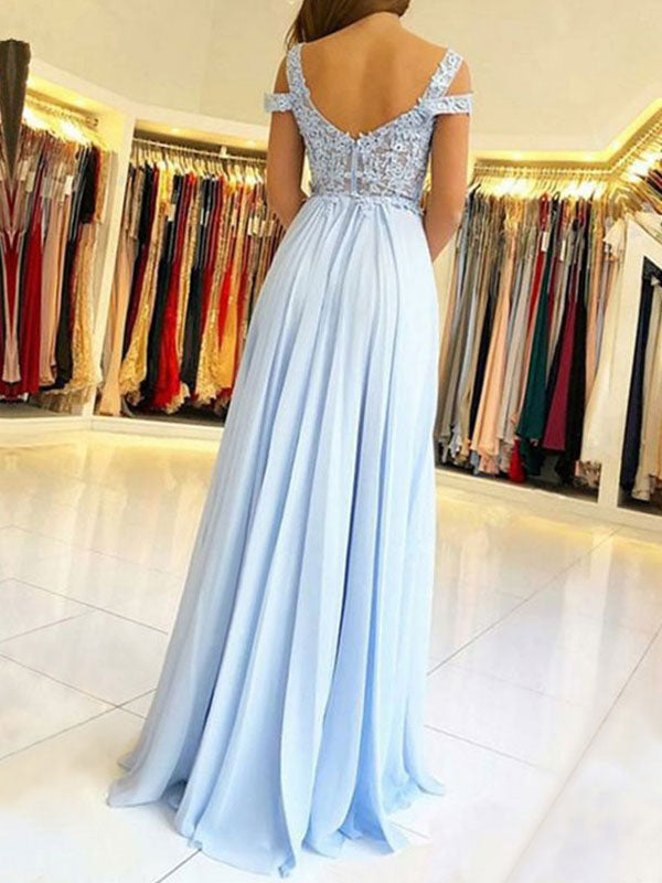 Classic Chiffon Evening Dress A Line V Neck Floor Length Split Front Party Dresses Evening Dresses-showprettydress