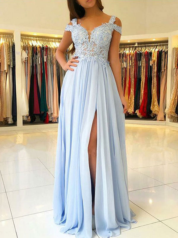 Classic Chiffon Evening Dress A Line V Neck Floor Length Split Front Party Dresses Evening Dresses-showprettydress