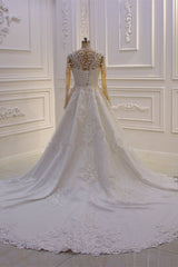 Classic Jewel Long Sleevess Tulle Lace Sparkle Ivory Wedding Dress-showprettydress