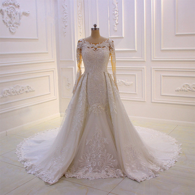 Classic Jewel Long Sleevess Tulle Lace Sparkle Ivory Wedding Dress-showprettydress